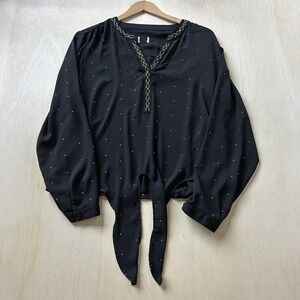 Y2K Embellished Tie Front Womens Large Black Long Sleeve Polka Dot Gold Trim Top
